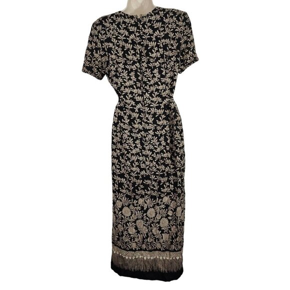 Vintage Jessica Howard Black Brown Floral Midi Dress Women Size 8 Shoulder Pads - Picture 4 of 11